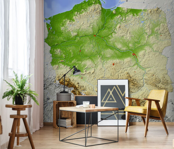 Mappa della Polonia con terra e acqua Carta da parati Mappa della Polonia con terra e acqua