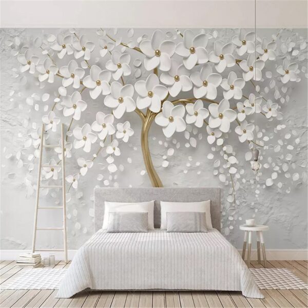 Elegante albero con fiori bianchi Carta da parati Elegante albero con fiori bianchi