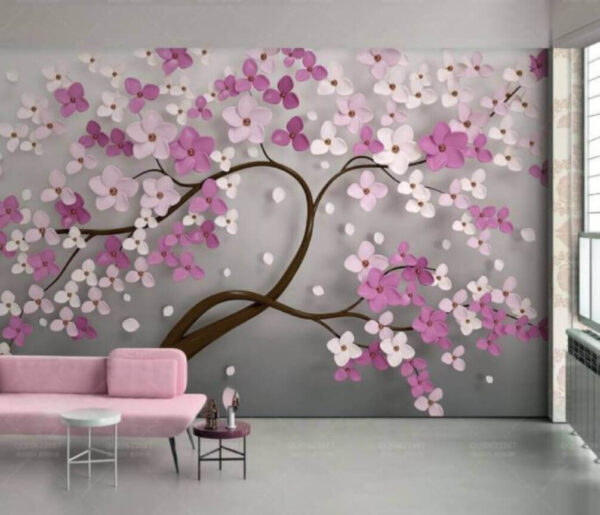 Albero con fiori bianchi e rosa Carta da parati Albero con fiori bianchi e rosa