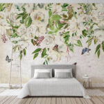Carta da parati Pittura di fiori bianchi e farfalle