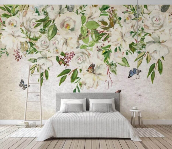 Pittura di fiori bianchi e farfalle Carta da parati Pittura di fiori bianchi e farfalle