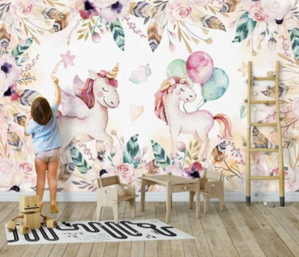 Unicorno acquerellato con palloncini Carta da parati Unicorno acquerellato con palloncini