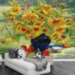 Carta da parati Pittura di un vaso di fiori gialli e frutta