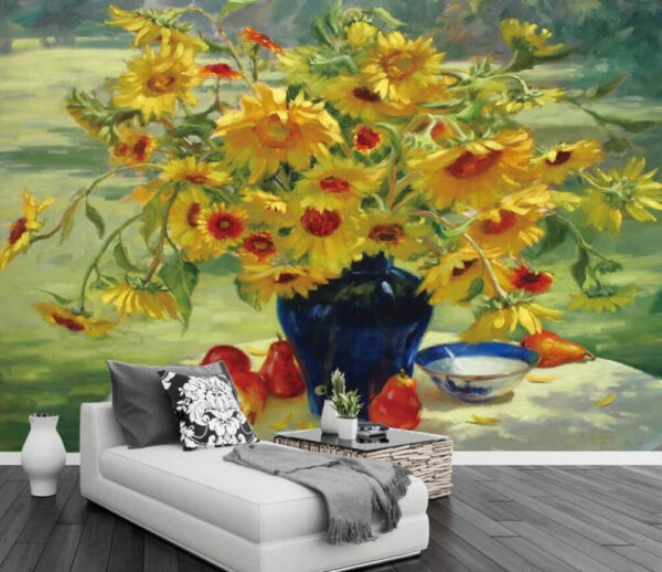 Pittura di un vaso di fiori gialli e frutta Carta da parati Pittura di un vaso di fiori gialli e frutta