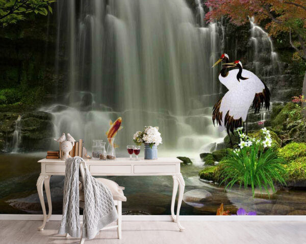 Cascata con uccelli e pesci Carta da parati Cascata con uccelli e pesci