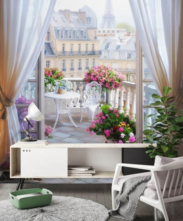 Veduta di un balcone con vista sulla torre eiffel dalla finestra Carta da parati Veduta di un balcone con vista sulla torre eiffel dalla finestra