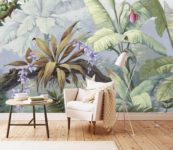 Fogliame tropicale rigoglioso e fioriture vivaci Carta da parati Fogliame tropicale rigoglioso e fioriture vivaci