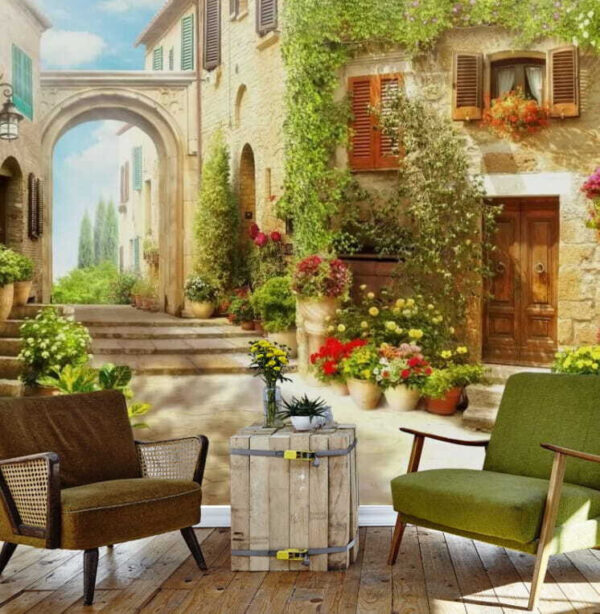 Strada affascinante con fiori vivaci Carta da parati Strada affascinante con fiori vivaci
