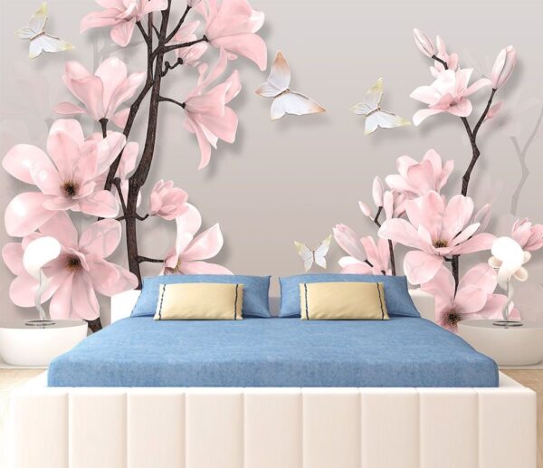 Fiori rosa e farfalle su un albero Carta da parati Fiori rosa e farfalle su un albero
