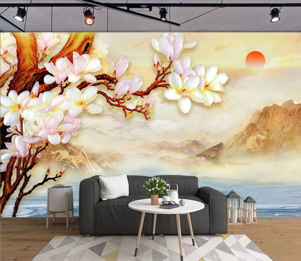 Pittura di un ramo con fiori e montagne sullo sfondo Carta da parati Pittura di un ramo con fiori e montagne sullo sfondo