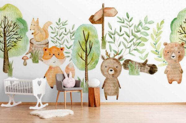 Illustrazione ad acquerello di animali e alberi Carta da parati Illustrazione ad acquerello di animali e alberi