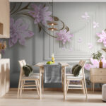 Carta da parati murale Fiori rosa con delicate farfalle