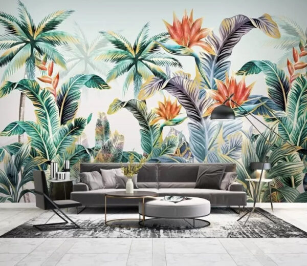 Fogliame tropicale con fiori vivaci Carta da parati Fogliame tropicale con fiori vivaci