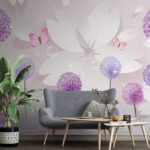 Carta da parati Fiori viola e farfalle in armonia