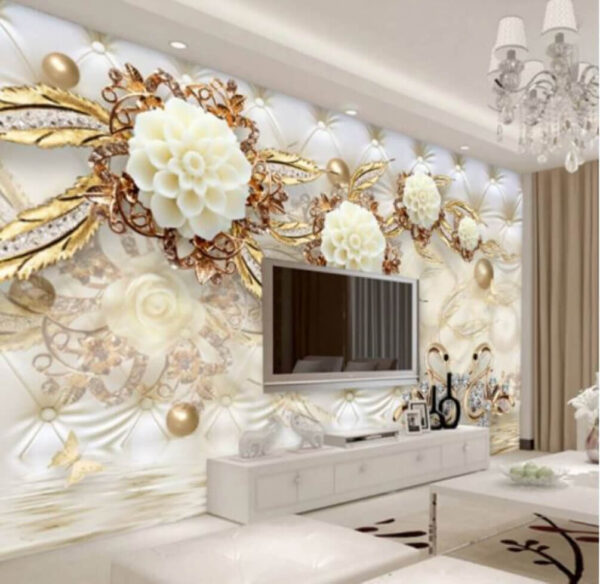 Eleganti cigni in mezzo a decorazioni floreali Carta da parati Eleganti cigni in mezzo a decorazioni floreali