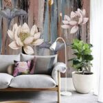Carta da parati Pittura di fiori su una superficie di legno