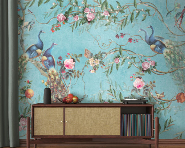 Pavoni e fiori su sfondo blu Carta da parati Pavoni e fiori su sfondo blu