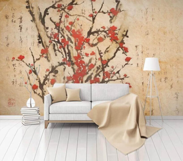 Pittura di un albero con fiori rossi Carta da parati Pittura di un albero con fiori rossi
