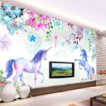 Carta da parati Unicorni e fiori acquerellati
