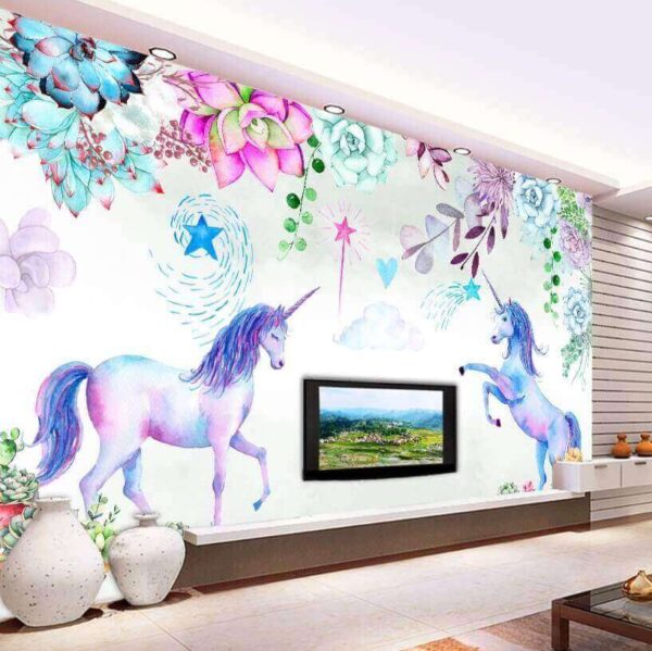 Unicorni e fiori acquerellati Carta da parati Unicorni e fiori acquerellati