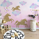 Carta da parati Unicorni e nuvole con cuori e nuvole
