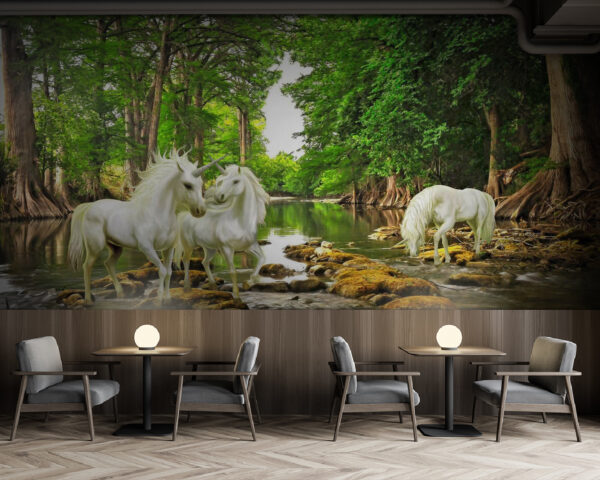 Gruppo di unicorni bianchi in un fiume Carta da parati Gruppo di unicorni bianchi in un fiume