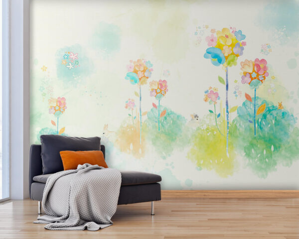 Acquerello di fiori e conigli Carta da parati Acquerello di fiori e conigli