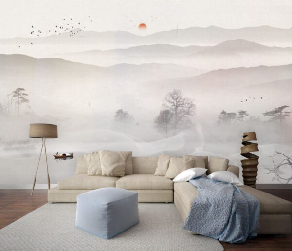 Barca su un lago con nebbia e alberi Carta da parati Barca su un lago con nebbia e alberi