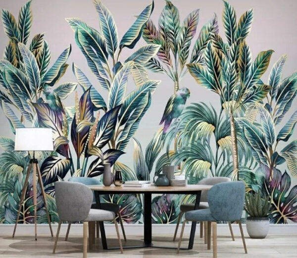 Fogliame tropicale con uccelli nascosti Carta da parati Fogliame tropicale con uccelli nascosti