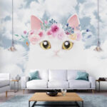 Carta da parati Gatto bianco con corona floreale, cielo