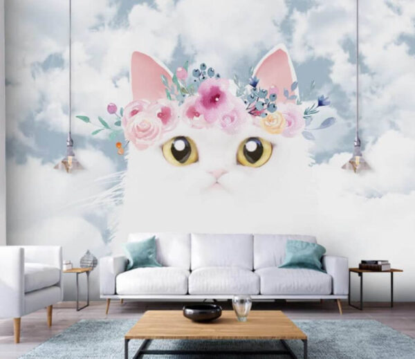 Gatto bianco con corona floreale, cielo Carta da parati Gatto bianco con corona floreale, cielo