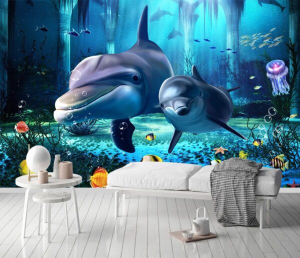 Coppia di delfini che nuota nel mare Carta da parati Coppia di delfini che nuota nel mare