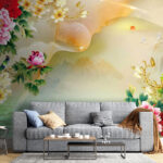 Carta da parati Pittura di fiori e cigni