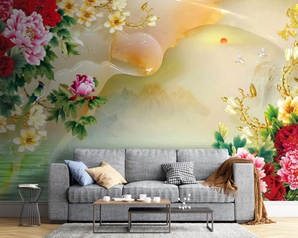 Pittura di fiori e cigni Carta da parati Pittura di fiori e cigni