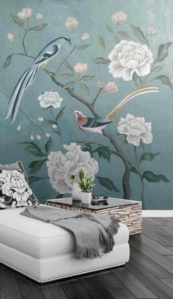 Pittura di uccelli su un ramo con fiori Carta da parati Pittura di uccelli su un ramo con fiori