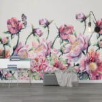 Carta da parati Pittura ad acquerello di fiori e una farfalla