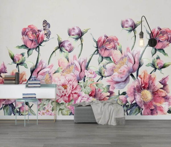 Pittura ad acquerello di fiori e una farfalla Carta da parati Pittura ad acquerello di fiori e una farfalla