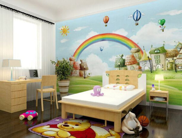 Paesaggio cartoon con arcobaleno e case Carta da parati Paesaggio cartoon con arcobaleno e case
