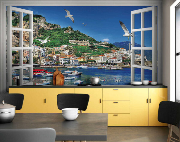Finestra con vista sulla città e sulle barche Carta da parati Finestra con vista sulla città e sulle barche