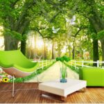 Carta da parati Sentiero con alberi, recinzione bianca e cervi
