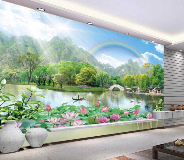 Paesaggio sereno con fiori di loto Carta da parati Paesaggio sereno con fiori di loto