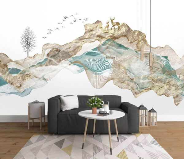 Pittura di una montagna con uccelli in volo Carta da parati Pittura di una montagna con uccelli in volo