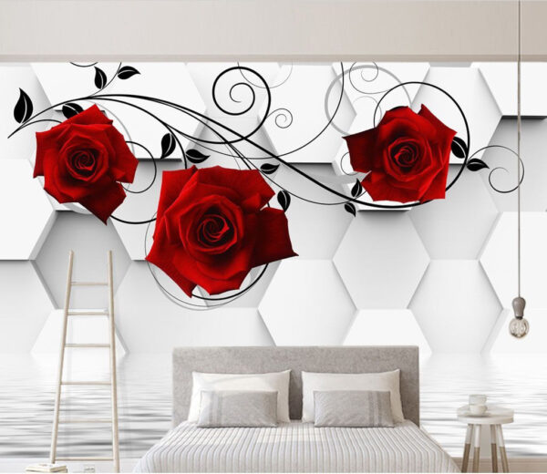 Carta da parati con rose rosse e viti nere Carta da parati Carta da parati con rose rosse e viti nere