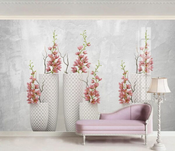 Gruppo di vasi bianchi con fiori rosa Carta da parati Gruppo di vasi bianchi con fiori rosa