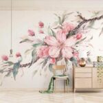 Carta da parati Pittura di fiori rosa su un ramo