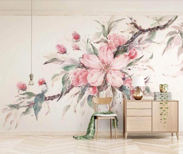 Pittura di fiori rosa su un ramo Carta da parati Pittura di fiori rosa su un ramo