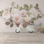 Carta da parati Rose delicate con farfalle danzanti