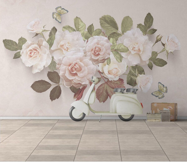 Rose delicate con farfalle danzanti Carta da parati Rose delicate con farfalle danzanti