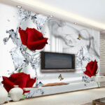 Carta da parati Rose rosse fluttuanti con farfalle