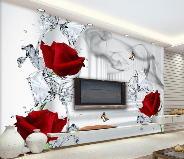 Rose rosse fluttuanti con farfalle Carta da parati Rose rosse fluttuanti con farfalle